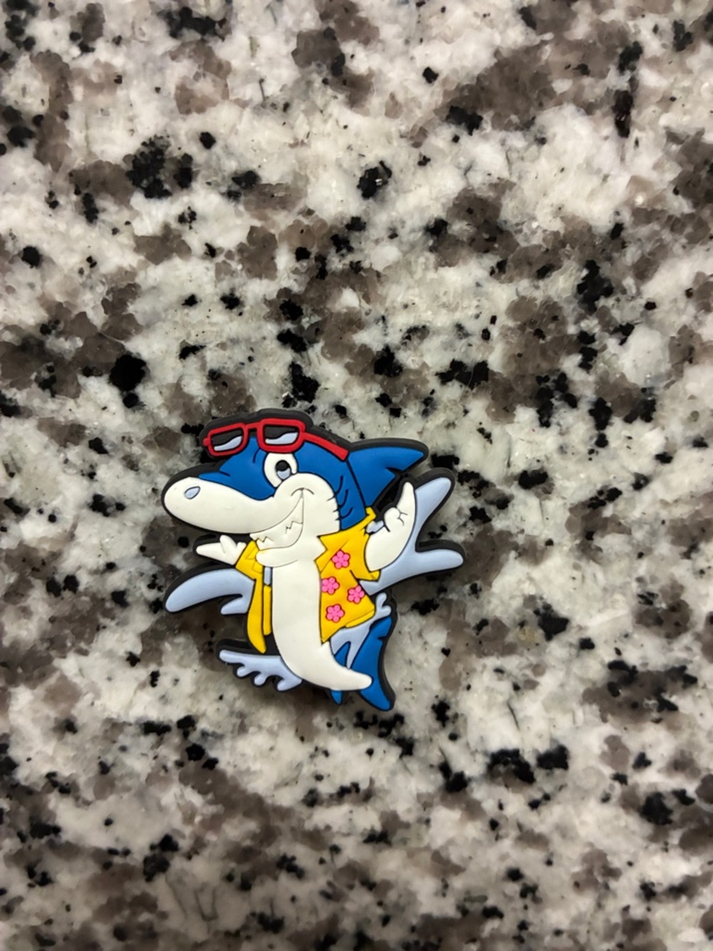 Cartoon Shark Pin with Yellow Floral Shirt and Red Sunglasses